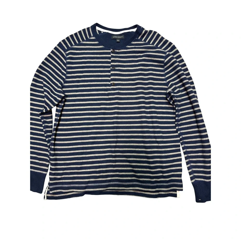 Banana Republic Mens Navy Blue Gray Striped Waffle Knit Henley Shirt Large